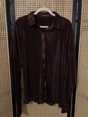 Nasty Gal Chocolate Brown Pleated Satin Button-Up Blouse